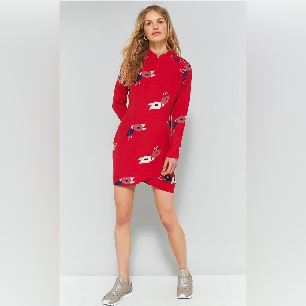 ROLLA'S. Size S. Deep red fitted tunic/dress. Navy blue & white floral accents.